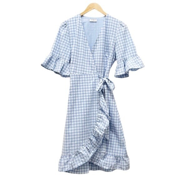 Storia Blue Gingham Wrap Ruffled Knee Length Dress Women’s Size Small Dorothy - Picture 2 of 8